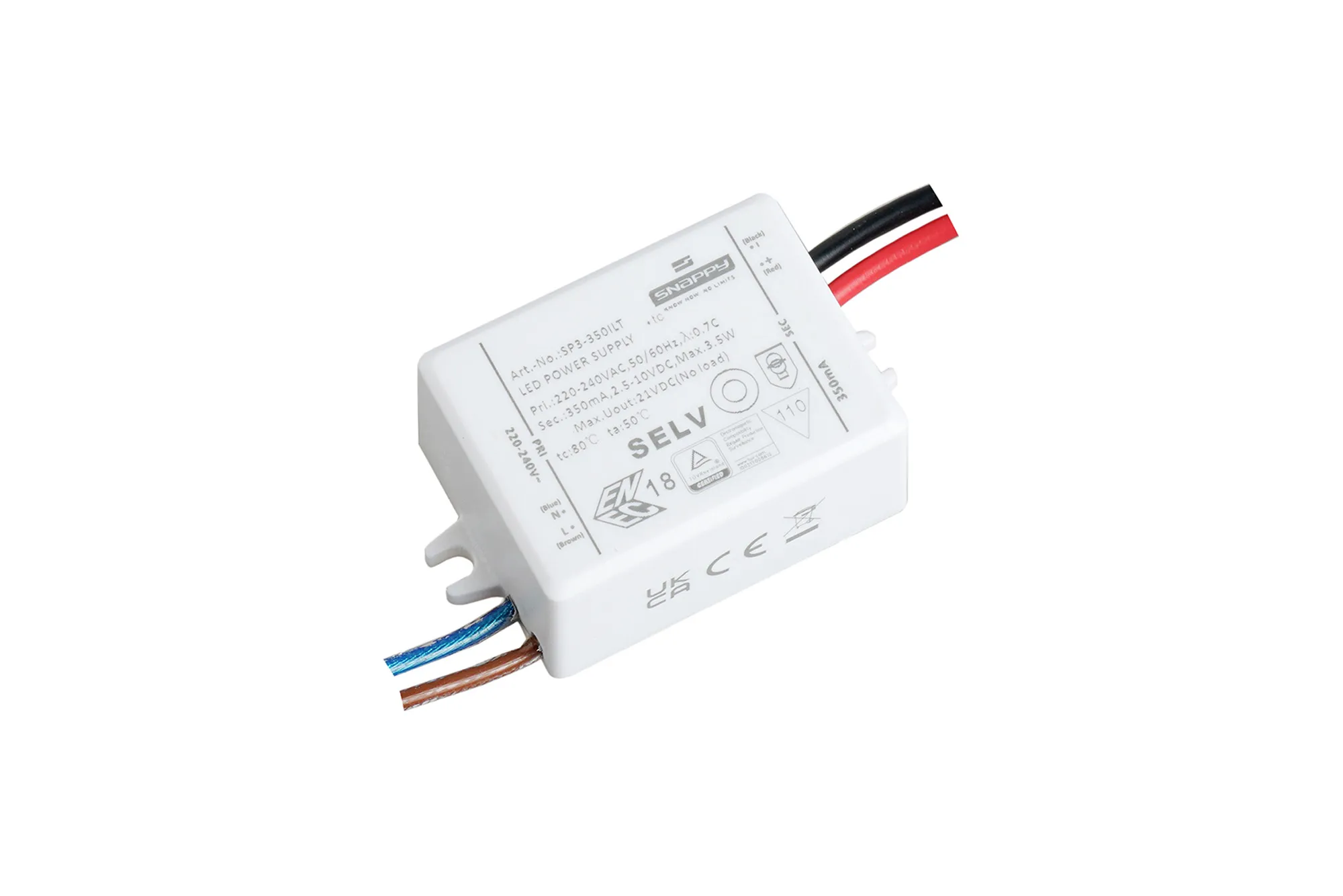 SP3-350ILT  SP 3.5W, Constant Current Triac Dimmable LED Driver, 350mA,2.5-10V, 22V,0.35A,  AC220-240V 50/60Hz , IP20,  5yrs Warranty.